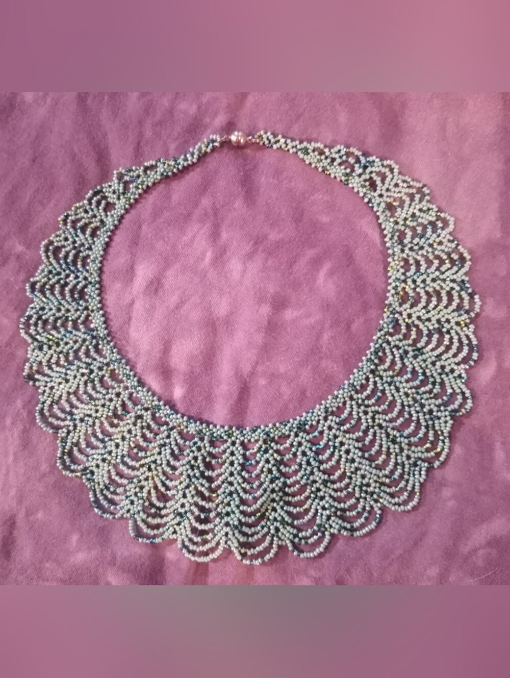 Handmade Beaded Collar Bib Necklace Netted Scallop Lace Choker Blue Green Yellow
